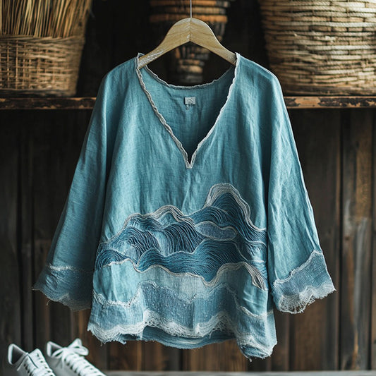 Vintage Waves Embroidery Japanese Art Linen Blend Cozy Tunic elevenforest
