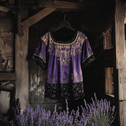 Bohemian Lavender Embroidery Gradient Patchwork Art Linen Short Sleeve T-shirt elevenforest