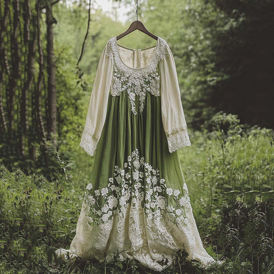 Vintage Floral Embroidered Pattern Linen Contrast Color Maxi Dress elevenforest
