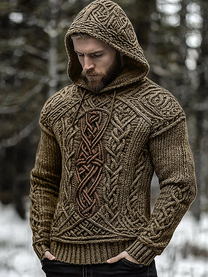 Men's Viking Jacquard Celtic Inspired Cozy Knit Hooded Sweater artswardrobe