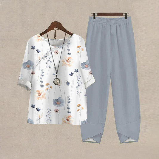 Botanical Floral Print Loose Fitting Top Pants Two Piece Set elevenforest