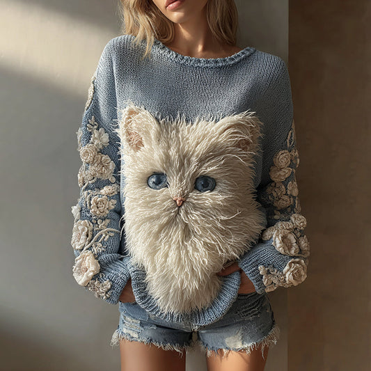 Women's Cute Cat With Floral Art Knitted Warm Sweater elevenforest