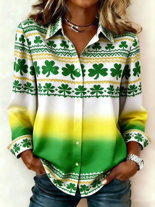 Comstylish Women's Casual St. Patrick's Day Printed Lapel Shirt