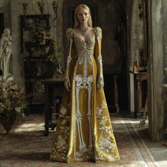 Women's Halloween Dark Gothic Rose Skull Velvet V-neck Maxi Dress elevenforest