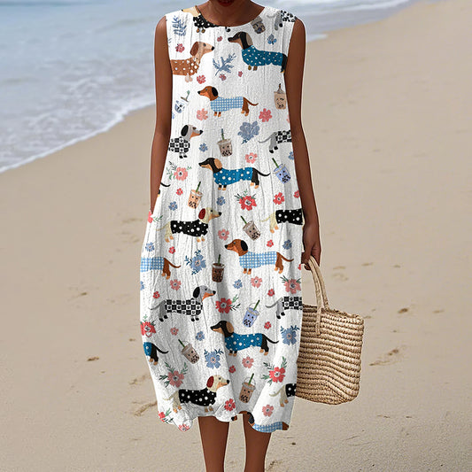 Comstylish Women's Cute Dachshund And Floral Print Linen Blend Tank Midi Dress