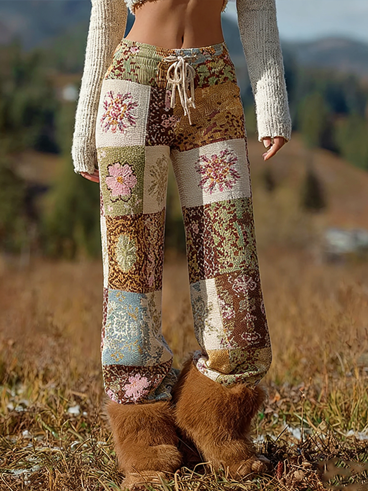 Comstylish Bohemian Style Women's Winter Warm Knitted Straight-leg Long Pants