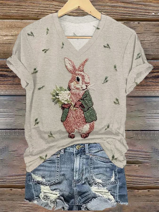 Comstylish Women's Cute Rabbit Embroidery Graphic Print Casual V-neck T-shirt