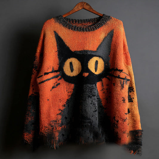 Halloween Black Cat Knit Sweatshirt elevenforest