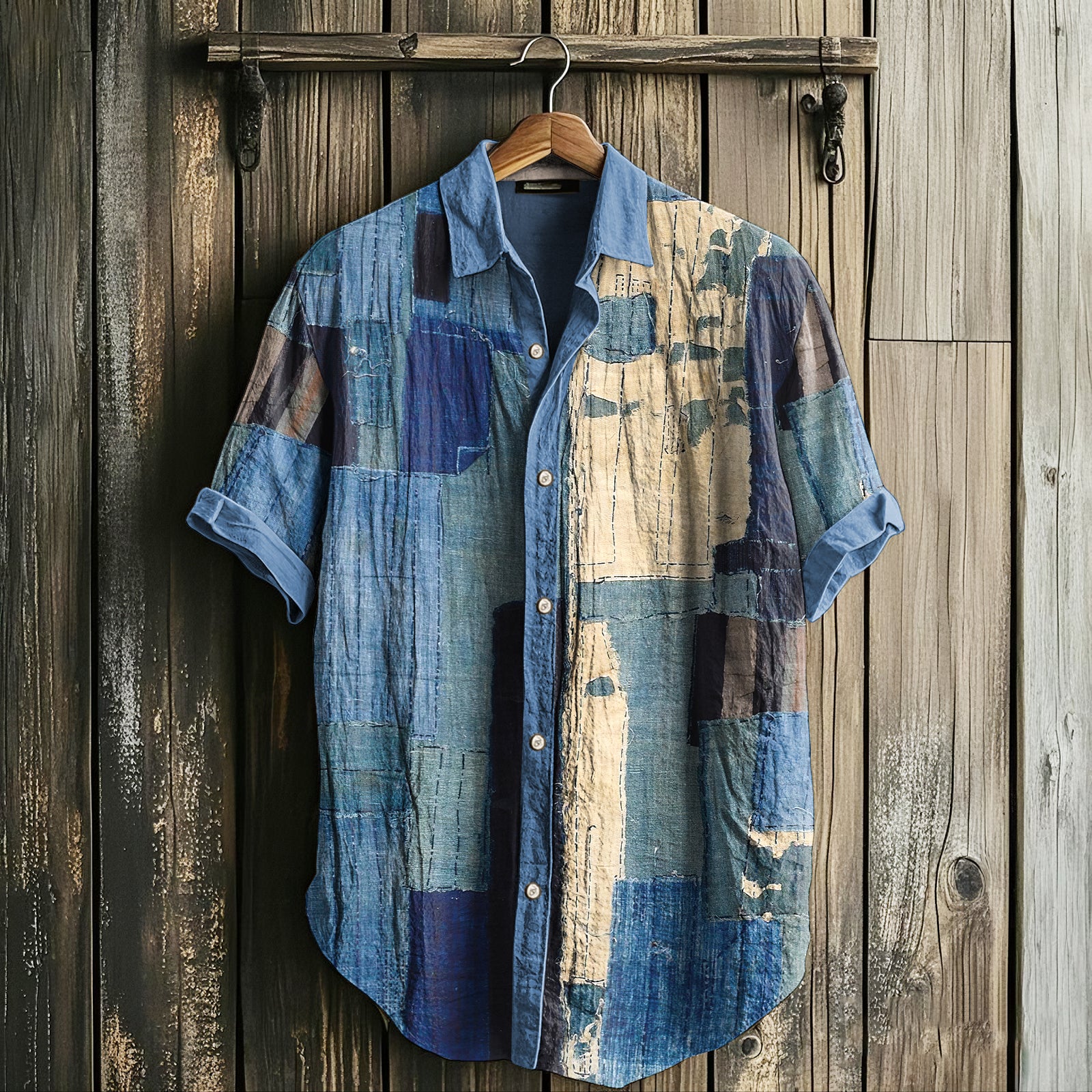 Men's Vintage Patchwork Art Linen Casual Shirt elevenforest