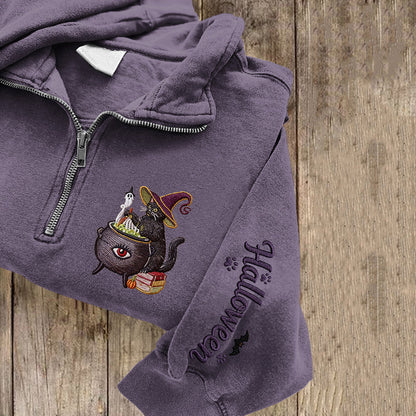 Women's Halloween Cat Embroidered Zip Long Sleeve Sweatshirt elevenforest