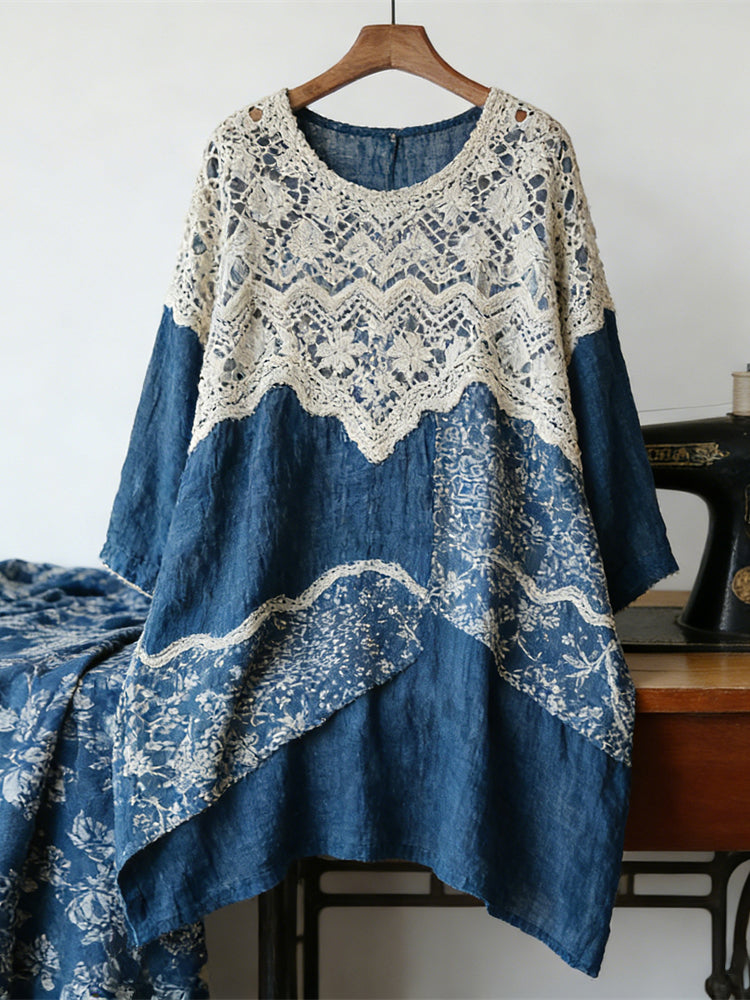 Vintage Lace Patchwork Floral Linen Women's Long Sleeve Shirt elevenforest