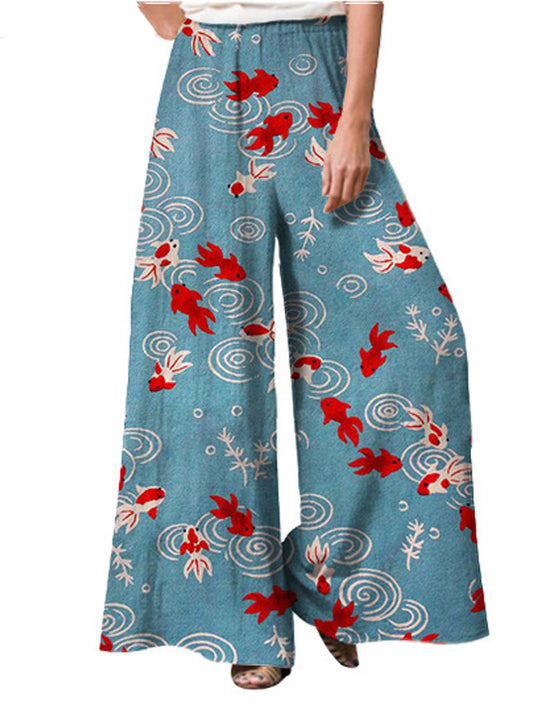 Japanese Gold Fish Art Graphic Wide Leg Casual Pants elevenforest
