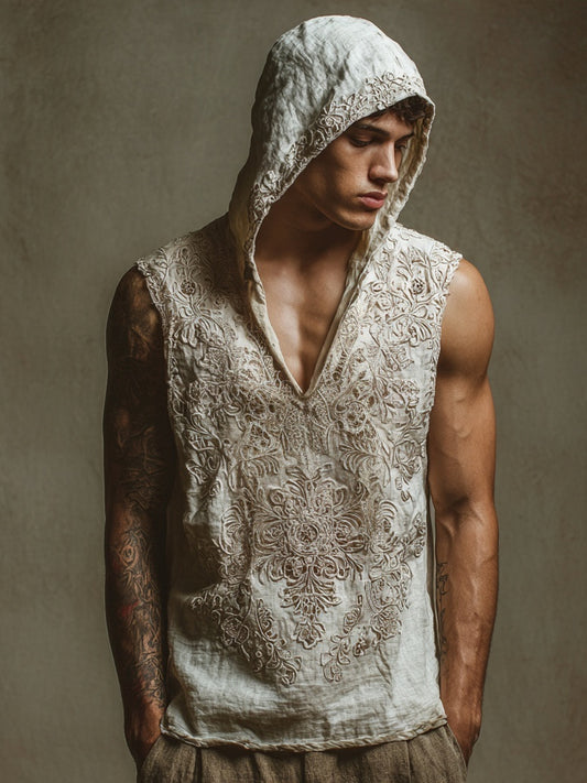 Men's Floral Lace Embroidered Hooded Linen Tank elevenforest