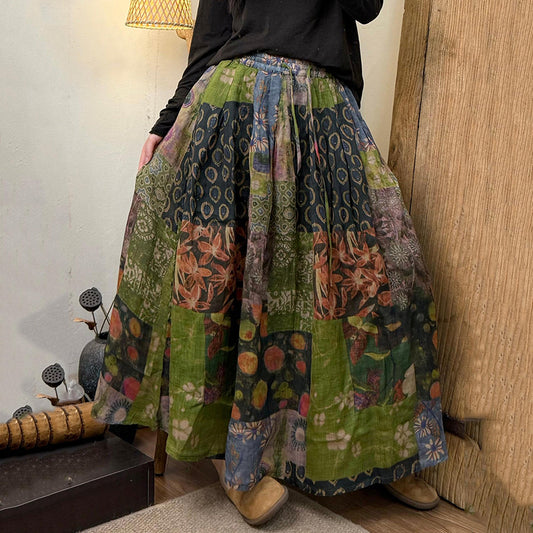 Women's Vintage Floral Patchwork Art Pattern Cotton Skirt elevenforest
