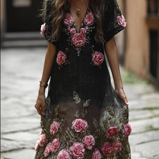 Bohemian Three-dimensional Embroidery Flower Black Short-sleeved Long Dress elevenforest
