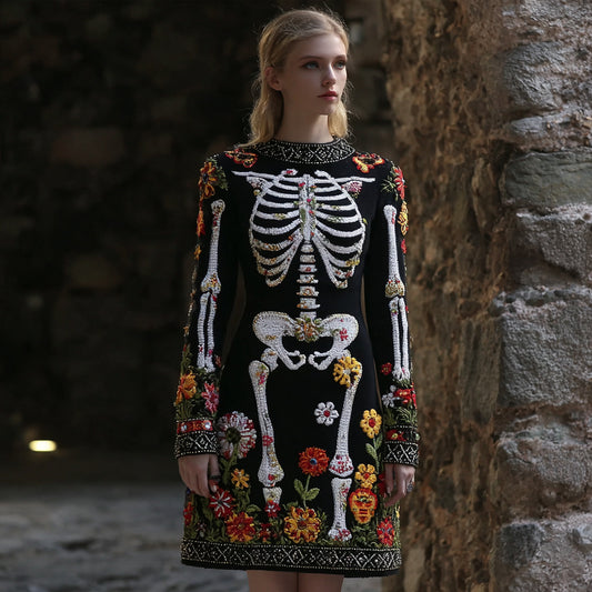 Women's Vintage Halloween Skeleton Bones  Flower Comfortable Elegant Sweater Dress elevenforest