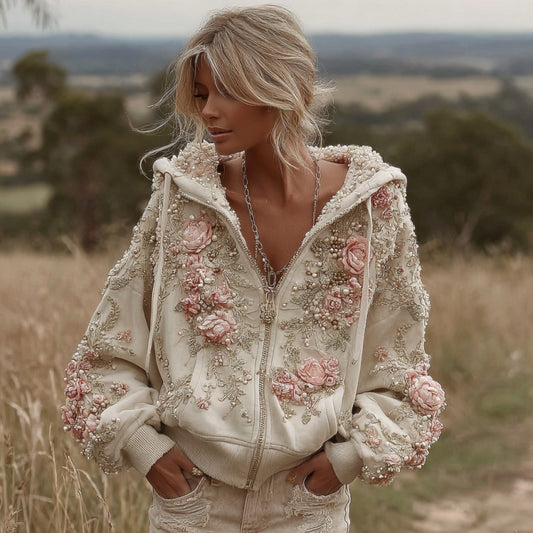 Women's Vintage Pink Floral Embroidery Art Casual Zip Pu Hoodie elevenforest