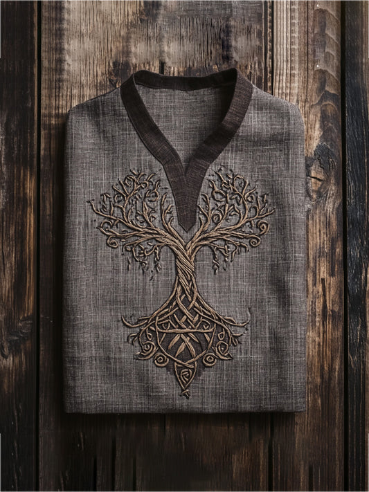 Men's Viking Life Of Tree Celtic Knot Art Linen V-neck T-shirt elevenforest