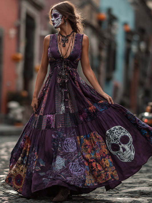 Ladies' Vintage-style Dress With Skull Pattern And Shoulder Straps elevenforest