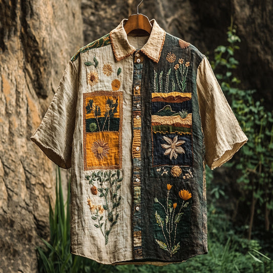 Men's Retro Stitching Contrast Floral Linen Shirt elevenforest