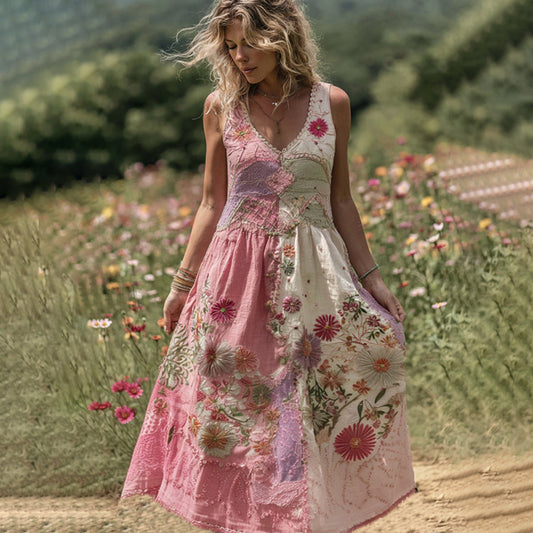 Women's Embroidered Rose Patchwork Maxi Dress elevenforest