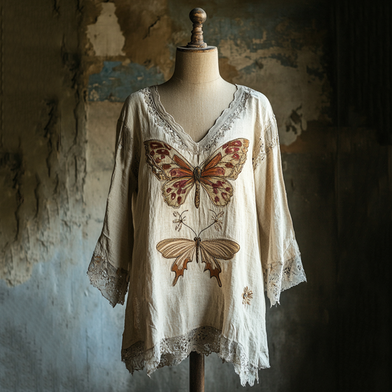 Women's Butterfly And Dragonfly Embroidery Linen Art V-neck Shirt elevenforest