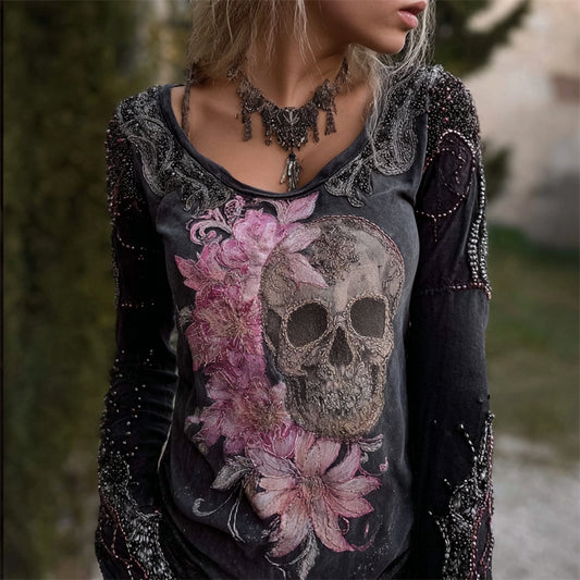 Glitter Skull Flowers Beaded Washed T Shirt elevenforest