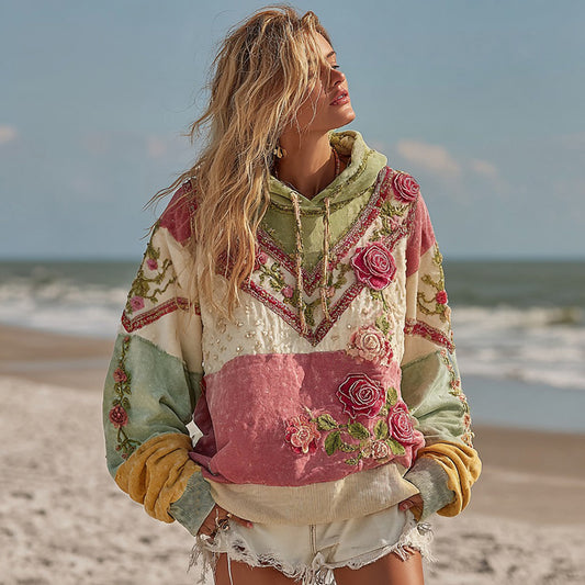 Vintage Rose Floral Embroidery Patchwork Art Comfy Hoodie elevenforest