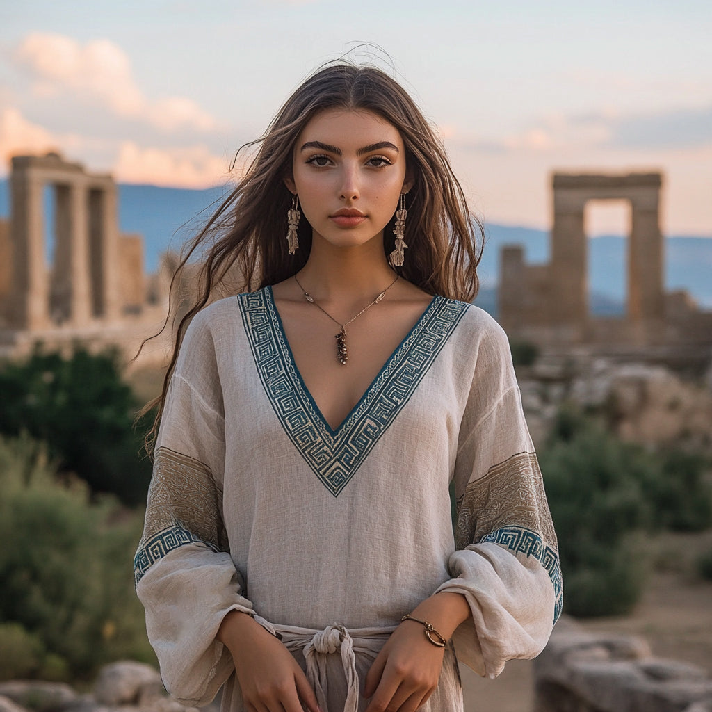 Retro Greek Key Pattern Art Linen Blend T-shirt elevenforest