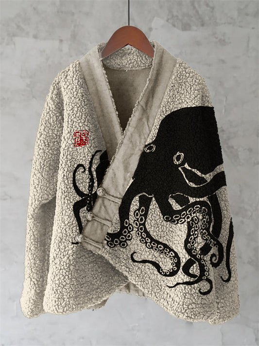Octopus Japanese Lino Art Cozy Fleece Kimono Cardigan elevenforest
