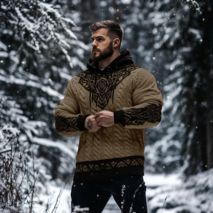 Men's Viking Tribal Jacquard Celtic Inspired Chunky Knit Hooded Sweater elevenforest