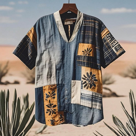 Men's Contrast Colors  Patchwork Sun Linen T-shirt elevenforest