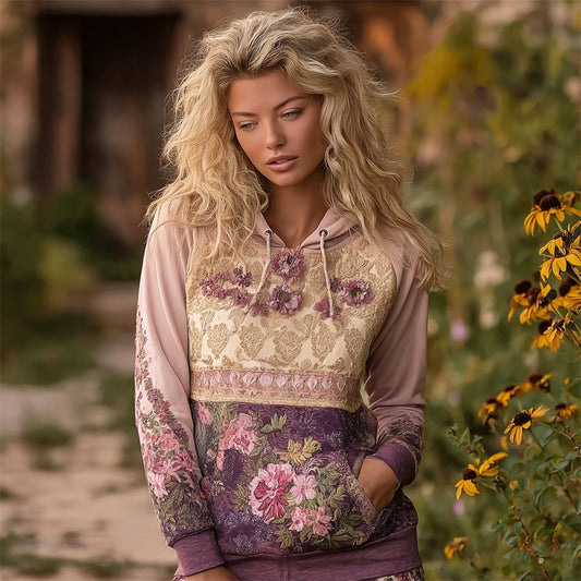 Vintage Boho Floral Patchwork Art Women's Hooded Sweatshirt elevenforest