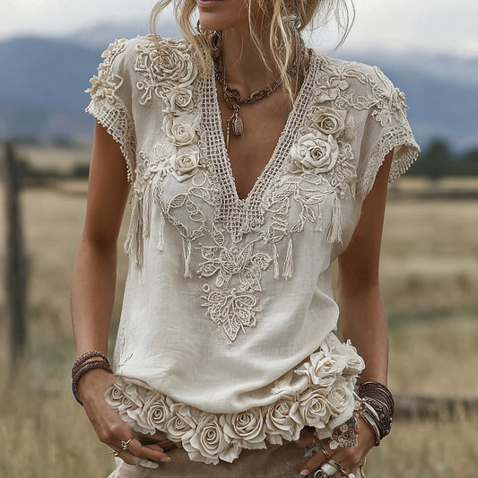 Women's White Rose Embroidery Art V-neck Short Sleeve Linen Blend T-shirt elevenforest