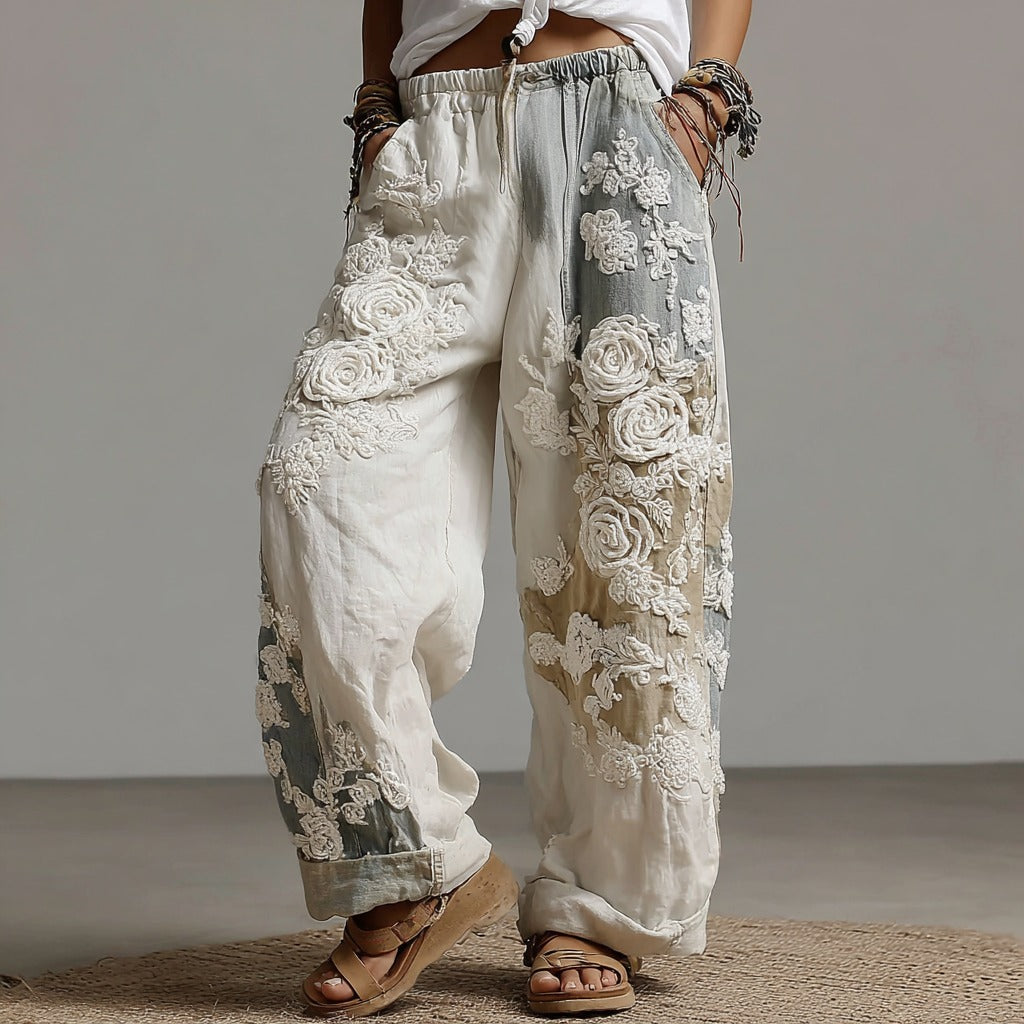 Women's Vintage Rose Floral Art Casual Wide Leg Pants elevenforest