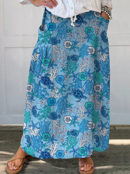 Summer Sea Creatures Repeat Pattern Printed Women's Linen Pocket Skirt