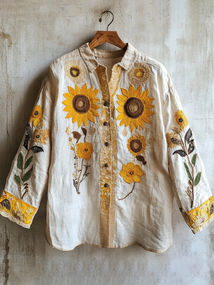 Sunflower Ethnic Flower Embroidery Women's Long Sleeve Shirt elevenforest