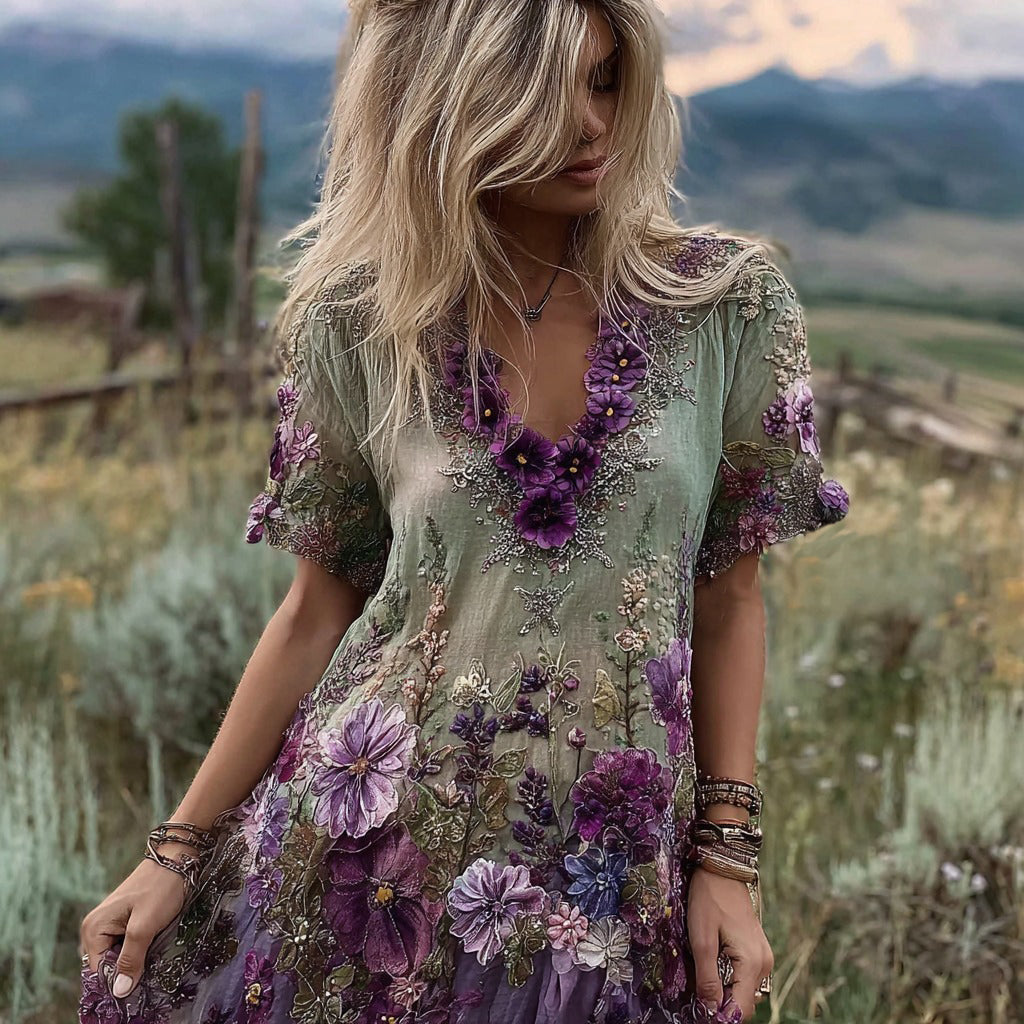 Vintage Gradient Purple Floral Embroidered Linen Midi Dress elevenforest
