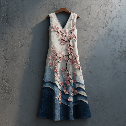 Women's Cherry Blossoms Embroidery And Huge Waves Patchwork Art Linen Midi Dress elevenforest