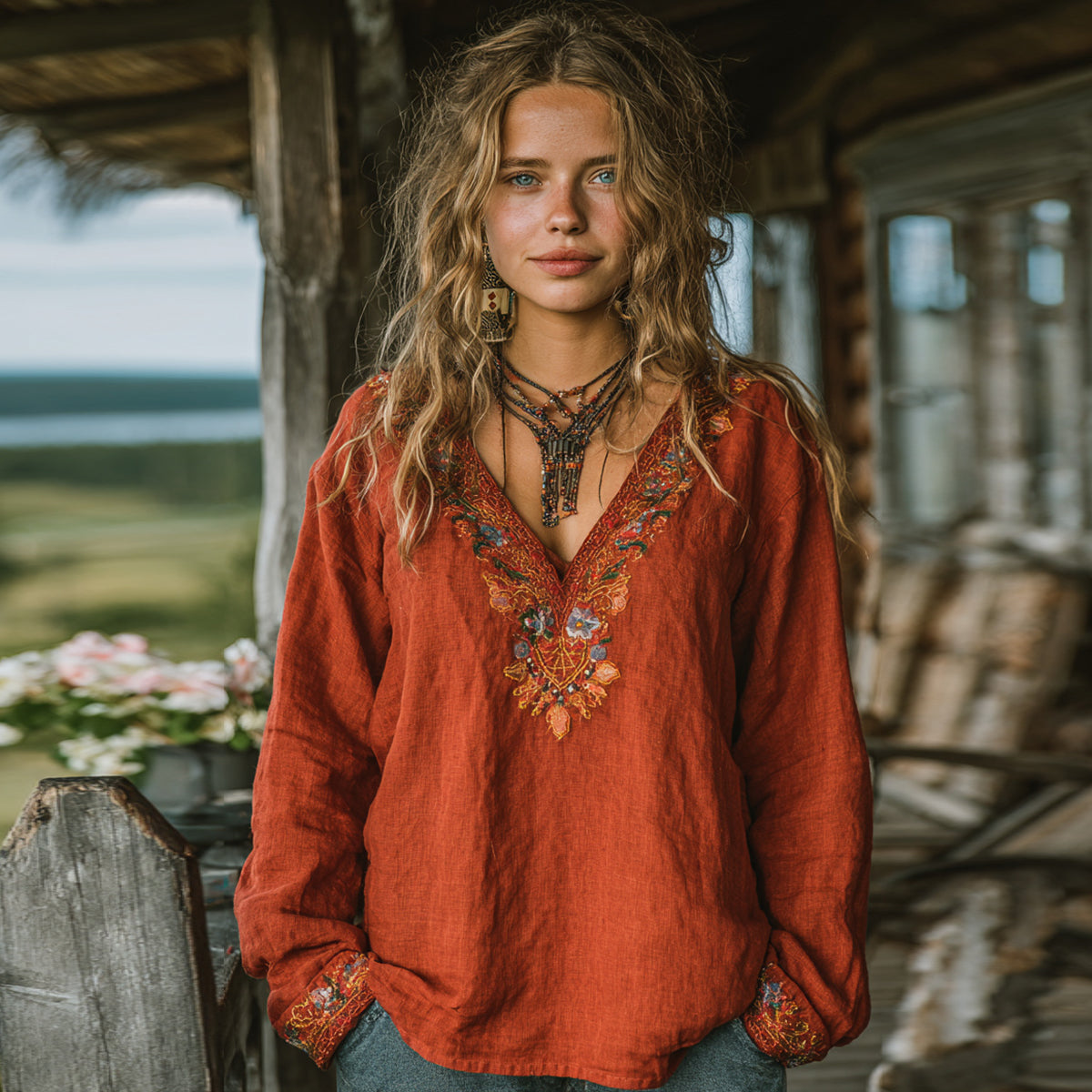 Women's Vintage Floral Embroidered Art V Neck Loose Blouses elevenforest