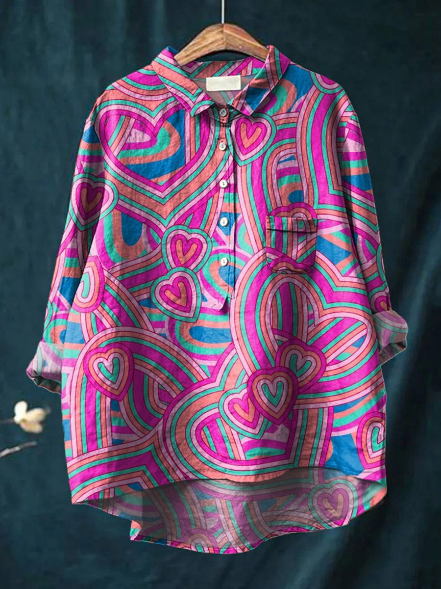 Abstract Heart Pattern Printed Women's Casual Cotton And Linen Shirt