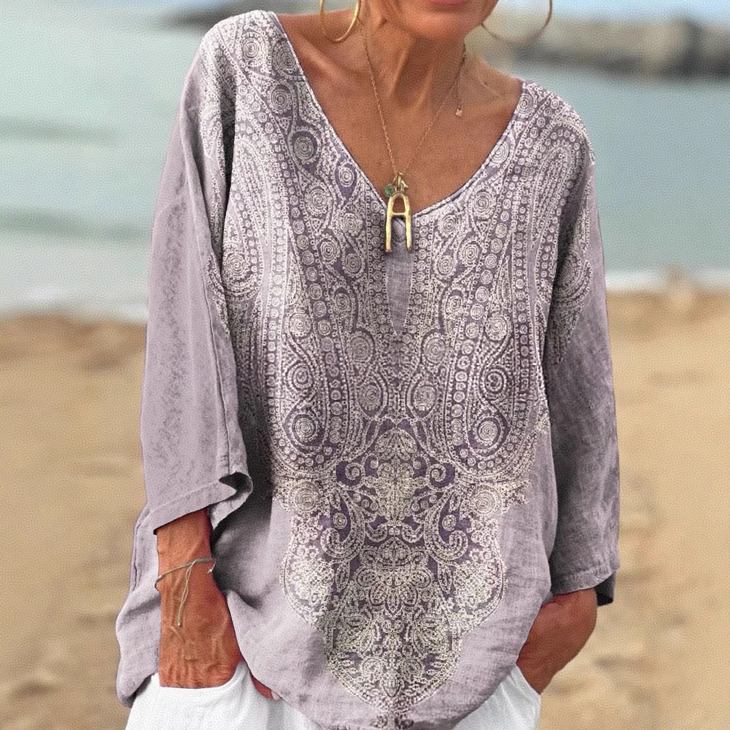 Retro Ethnic Print V-neck Loose T-shirt elevenforest