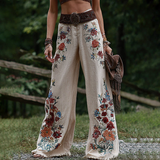 Vintage Floral Art Printed Cotton Linen Wide Leg Pants elevenforest