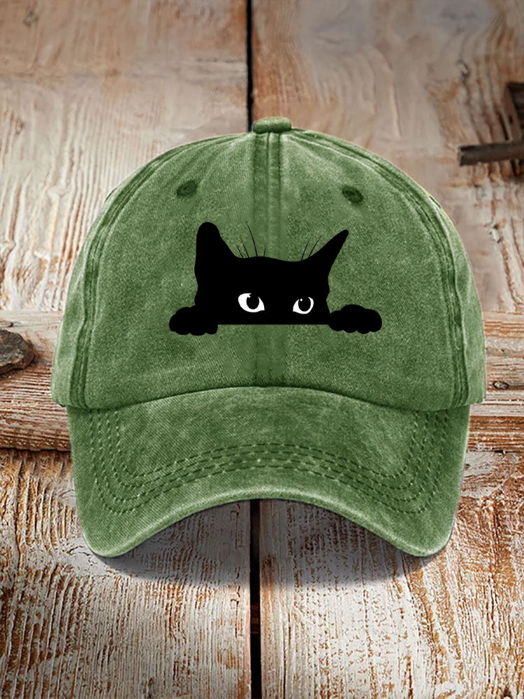Unisex Washed Cotton Bend Casual Black Cat Print Hat elevenforest