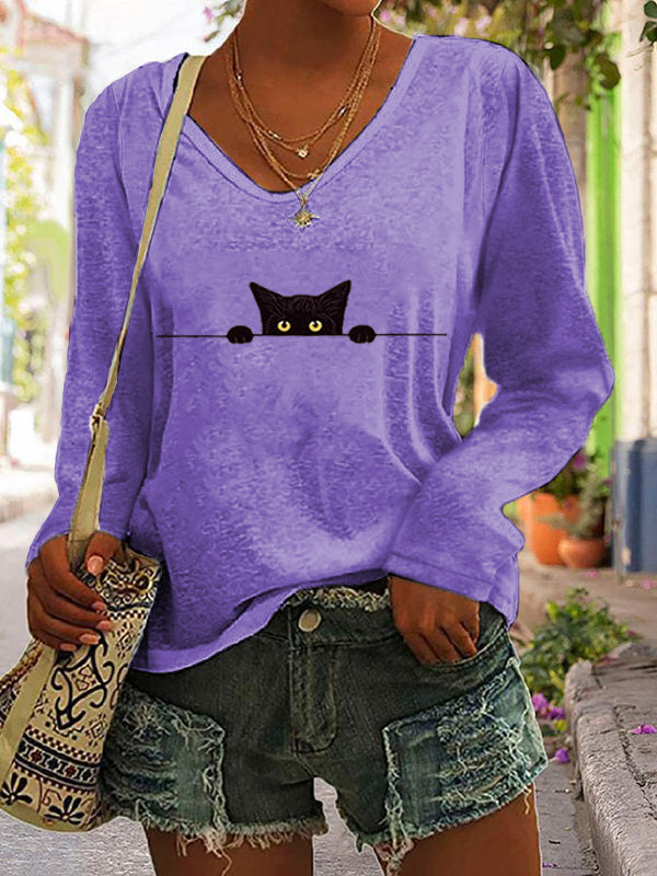 Women's Casual Funny Black Cat Print T-shirt elevenforest