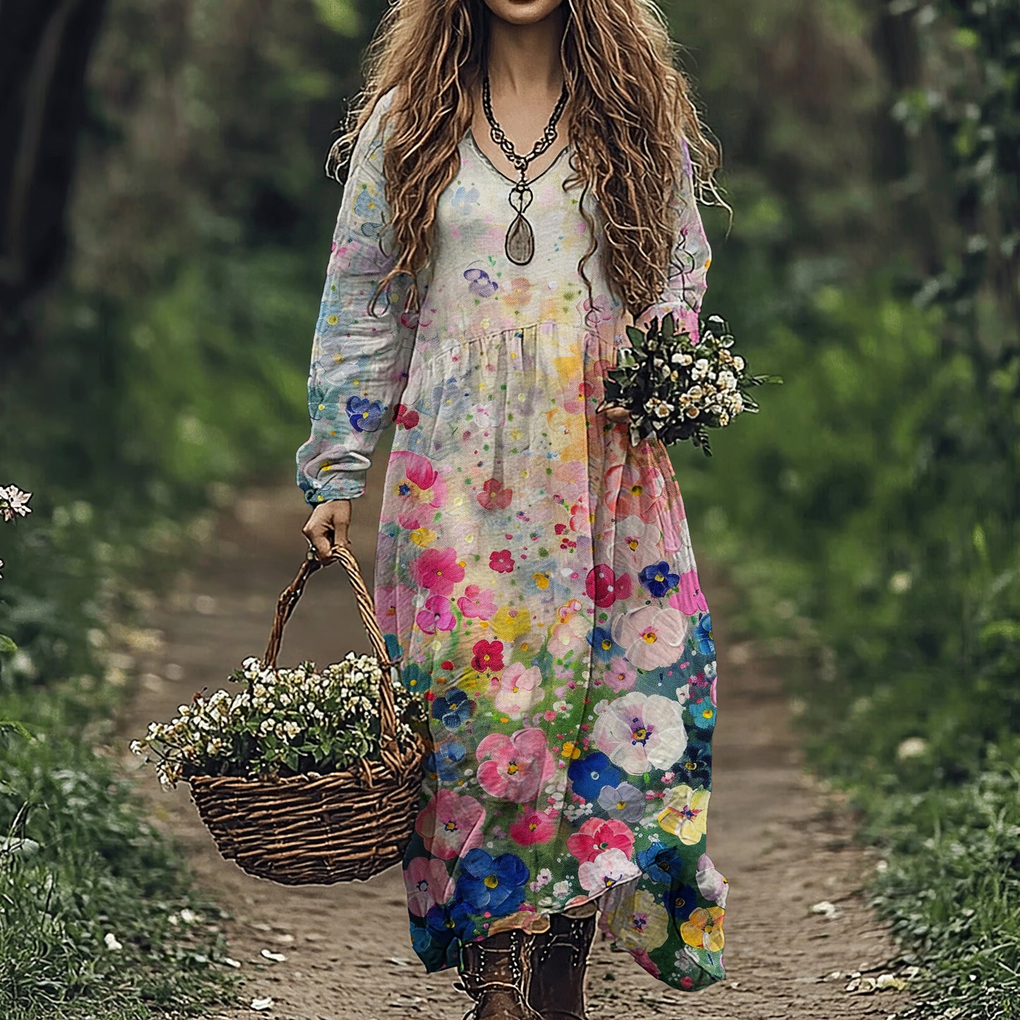 Women's Vintage Flowers Art Linen Blend Maxi Dress elevenforest