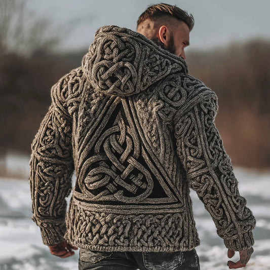 Men's Viking Valknut Runes Chunky Knit Hooded Cardigan artswardrobe