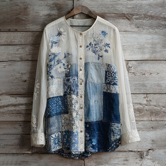 Vintage Lace Floral Embroidery Patchwork Linen Women's Long Sleeve Shirt elevenforest