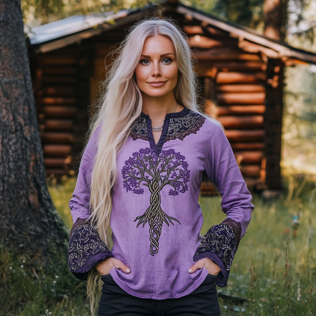 Women's Viking Purple Tree Of Life Art Linen Print Casual Shirt elevenforest
