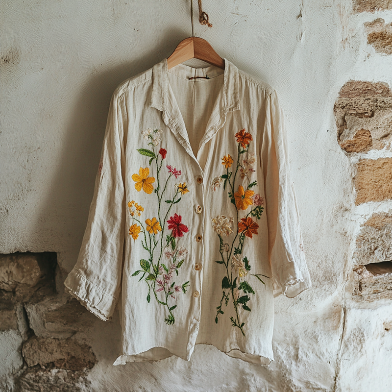 Retro Bohemian Holiday Style Linen Floral Print  Long Sleeve Shirt elevenforest